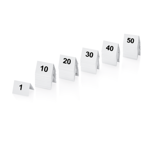 Satz Tischnummernschilder 1-50, gedruckt auf Kunststoff, 5x3x3,5 cm